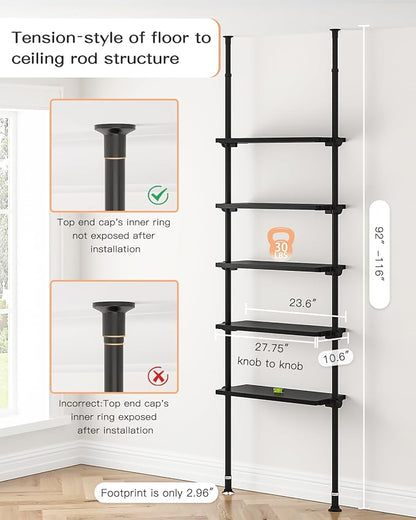 ALLZONE 5 Tiers Narrow Bookshelf, Tall Adjustable Ladder Book Shelf with Open Storage, Floor to Ceiling Tension Mount, Wooden Industrial Bookcase for Living Room, 92 to 116 Inch, Black