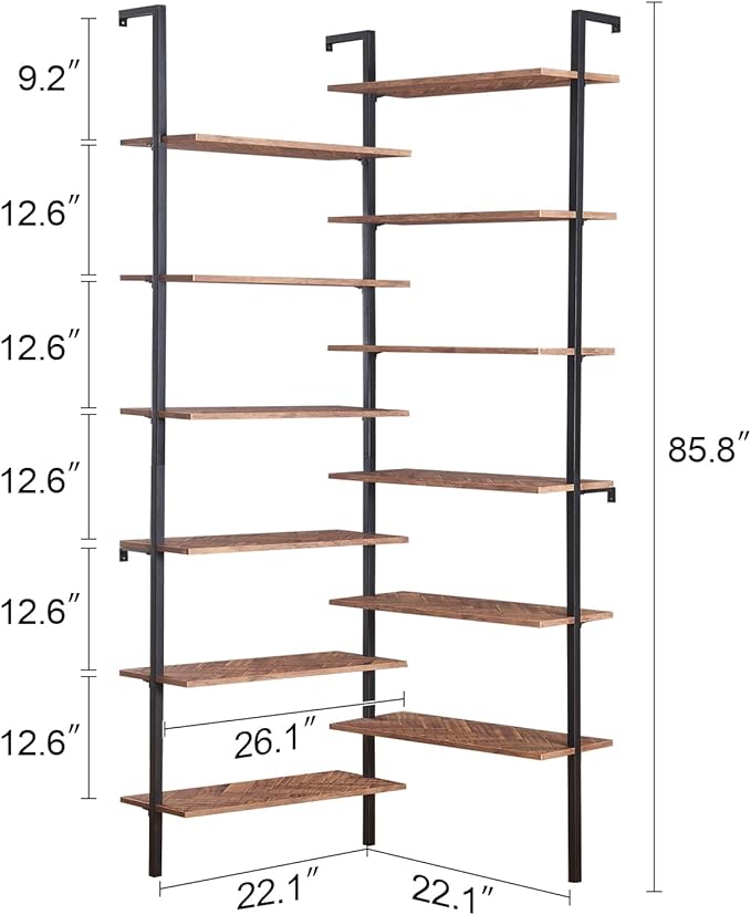 HOMISSUE Corner Bookshelf,12-Tier L Shaped Bookshelf, Double Wide Corner Wall Mount Bookcase with Metal Frame and Wood, Modern Industrial Corner Shelf for Living Room, Kitchen, Home Office Brown