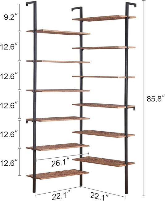 HOMISSUE Corner Bookshelf,12-Tier L Shaped Bookshelf, Double Wide Corner Wall Mount Bookcase with Metal Frame and Wood, Modern Industrial Corner Shelf for Living Room, Kitchen, Home Office Brown