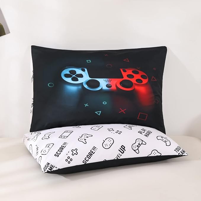 Boys Gamepad Comforter Set Full,Play Gamer Bedding Set Kid Young Man Video Games Down Comforter for Teen Child Game Room Decor Black Classic Retro Gaming Quilt Duvet Set with Controller Button