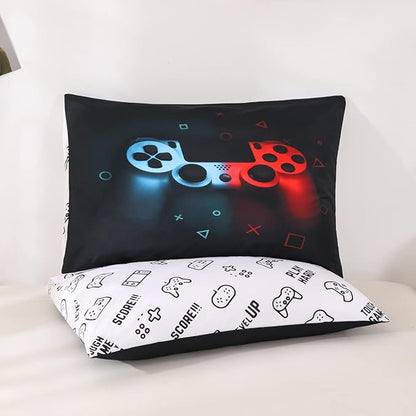 Boys Gamepad Comforter Set Full,Play Gamer Bedding Set Kid Young Man Video Games Down Comforter for Teen Child Game Room Decor Black Classic Retro Gaming Quilt Duvet Set with Controller Button