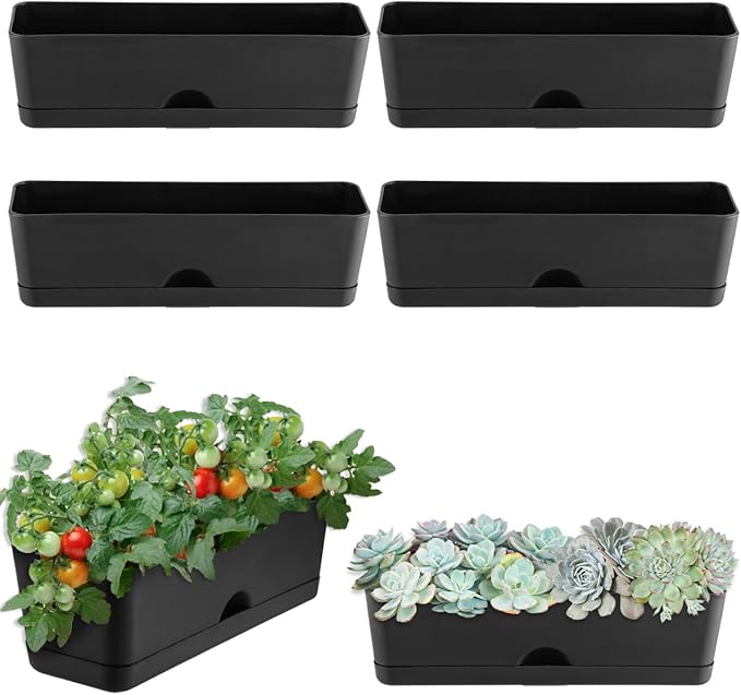 6 Pack Rectangle Planter 16x4.4 Inch Window Boxes Planters Rectangular Large Window Sill Planters Indoor Self Watering Plant Pots with Drainage Holes and Saucers Succulent Herb Flower Pots, Black