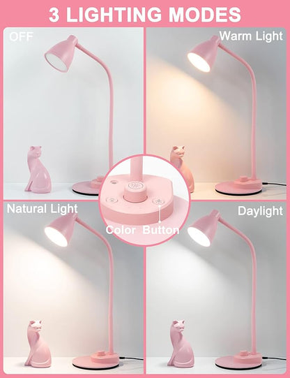 BOHON Cute Desk Lamp with USB Charging Port, Pink Lamp 3 Color Modes Dimmable Reading Lamp, Flexible Gooseneck Table Light Auto Dimming Task Lamp, LED Desk Light for Home Office Dorm Bedside, Pink