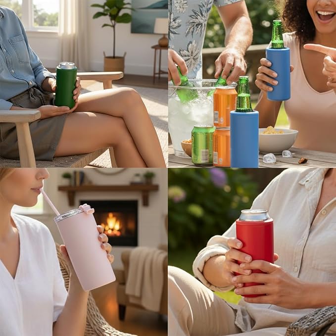 4 in 1 Universal Can Cooler - Purple, Can Holder Insulated, Beer Bottle Cooler, Universal Holder for All Drink Sizes, Stainless Steel Insulated Tumbler, Tailgating Accessories