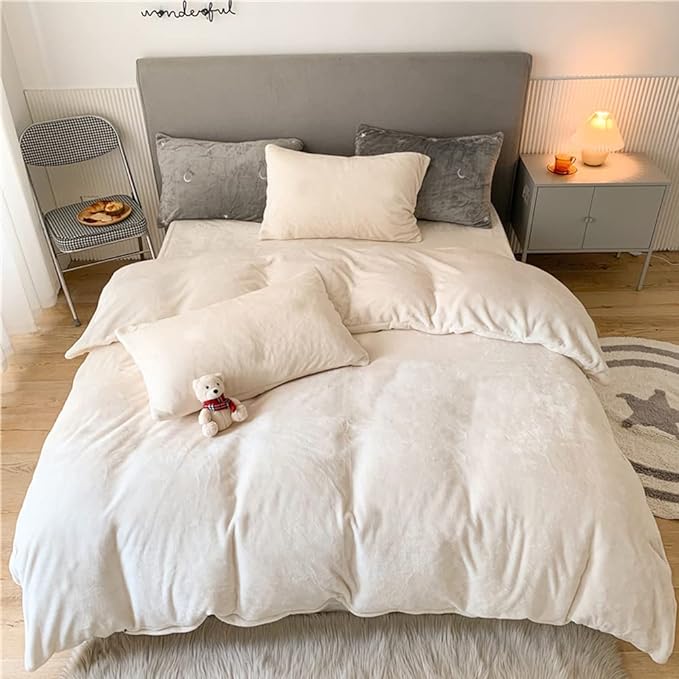 Wellboo White Fluffy Comforter Set Queen Solid White Velvet Bedding Set for Women Men White Flannel Plush Blankets Lightweight All White Fluzzy Quilt Soft White Micromink Sherpa Shaggy Comforters
