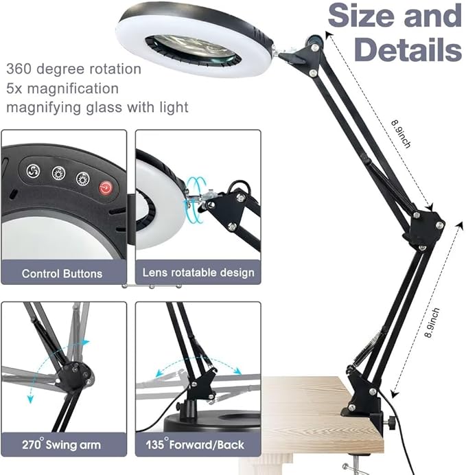 10X15X Magnifying Glass with Light and Stand 2-in-1 LED Magnifying Glasses with Light-5 Color Modes Stepless Dimmable Real Glass Magnifying Lamp-Hands Free Lighted Magnifying Glass…