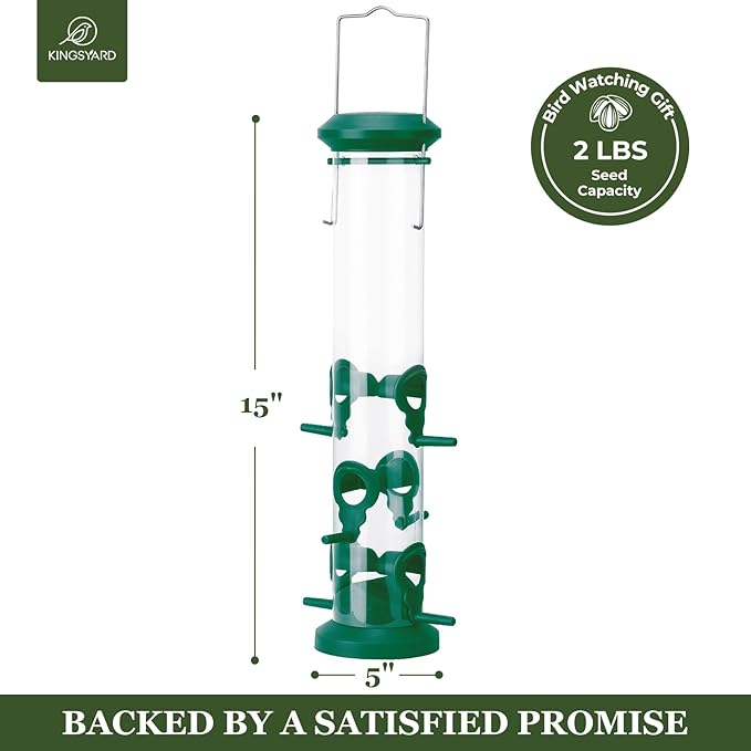 Kingsyard 2 Pack Tube Bird Feeders for Outdoors Hanging, Premium Hard Plastic Bird Feeder with 6 Feeding Ports, Weatherproof & Steel Hanger, Attracting for Wild Birds (Green)
