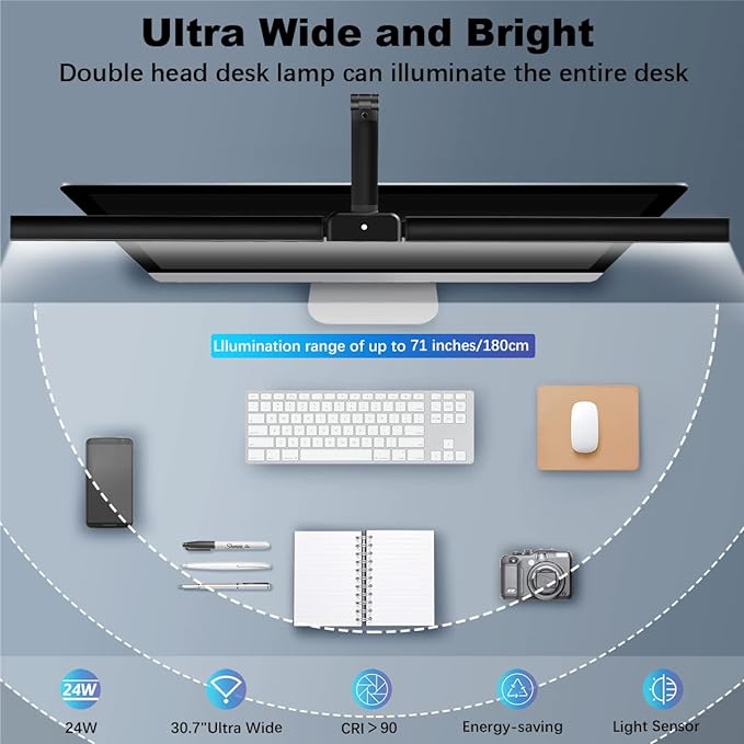 Hapfish LED Desk Lamp for Home Office, 24W Brightest 31Inch Monitor Light Bar, 5 Color Modes and Dimmable, Eye Protection Modern Clamp Table Lamps for Study Monitor Office