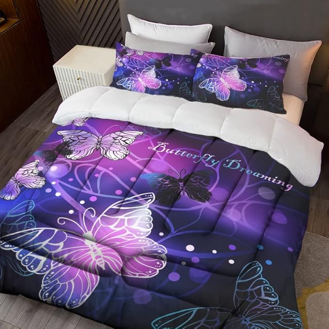Sunnycitron 3D Purple Butterfly Bedding Queen Comforter Set Dreamy Butterfly Comforter Set for Girls Neon Butterflies Purple Bed Comforter (1 Comforter + 2 Pillowcases),Easy-Wash Fade Resistant