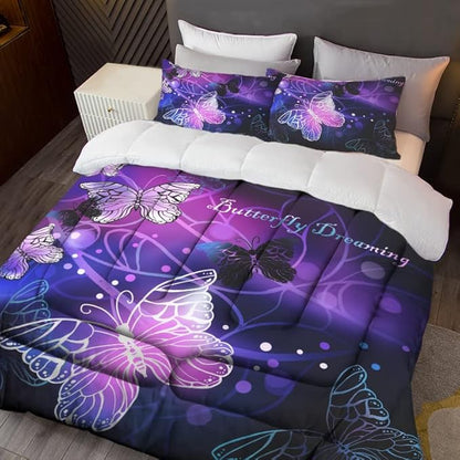Sunnycitron 3D Purple Butterfly Bedding Queen Comforter Set Dreamy Butterfly Comforter Set for Girls Neon Butterflies Purple Bed Comforter (1 Comforter + 2 Pillowcases),Easy-Wash Fade Resistant