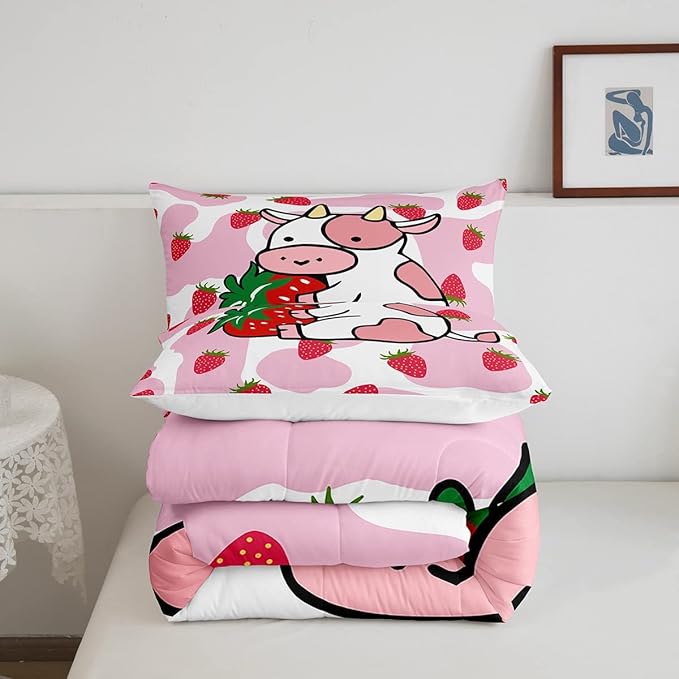 Feelyou Milk Cow Comforter Pink White Cow Strawberry Pattern Comforter Set Bedding Set for Kids Adults Kawaii Girls Milk Cow Print Duvet Set Ultra Soft Room Decor Twin Size Quilt Set