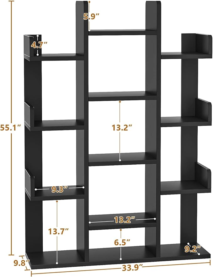 Aheaplus Bookshelf, Tree-Shaped Bookcase Storage Shelf with 13 compartments, Books Organizer Display Cube Shelves, Industrial Free Floor Standing Wood Open Bookshelves, Black