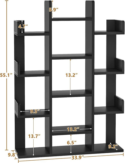 Aheaplus Bookshelf, Tree-Shaped Bookcase Storage Shelf with 13 compartments, Books Organizer Display Cube Shelves, Industrial Free Floor Standing Wood Open Bookshelves, Black