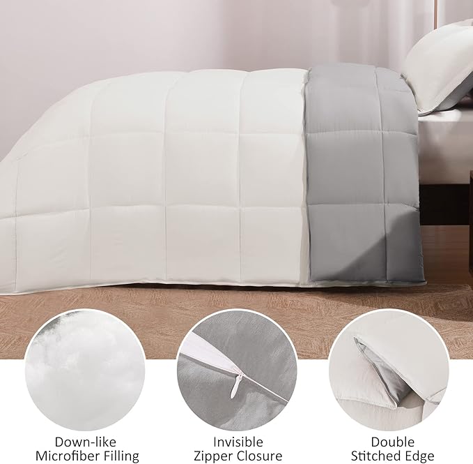 Basic Beyond King Size Comforter Set - Fluffy King Bed Comforter Set for All Seasons - Reversible White King Comforter Set - 3 Pieces (1 Comforter + 2 Pillow Shams) - White/Grey