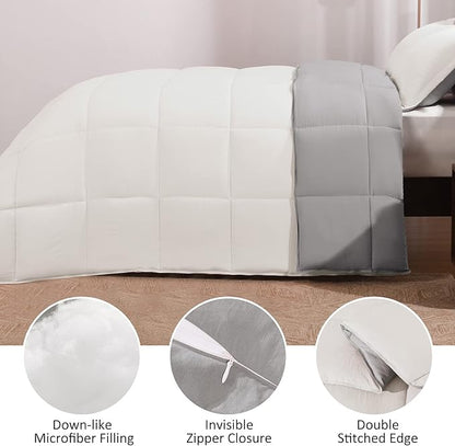 Basic Beyond King Size Comforter Set - Fluffy King Bed Comforter Set for All Seasons - Reversible White King Comforter Set - 3 Pieces (1 Comforter + 2 Pillow Shams) - White/Grey