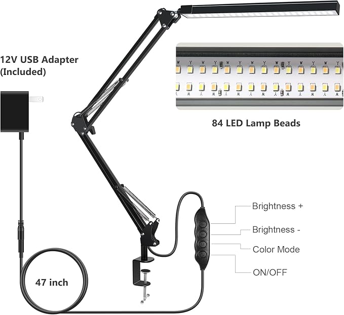 ODOM Adjustable Swing Arm Desk Lamps with Clamp, Upgraded 3 Color Modes 6 Brightness Stepless Dimming, Eye-Caring Memory Function Led Table Light for Home Office Reading Nail Desk, Black, 12W Adapter