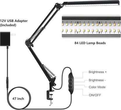 ODOM Adjustable Swing Arm Desk Lamps with Clamp, Upgraded 3 Color Modes 6 Brightness Stepless Dimming, Eye-Caring Memory Function Led Table Light for Home Office Reading Nail Desk, Black, 12W Adapter