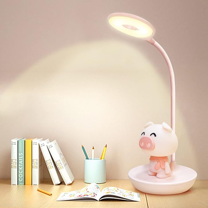 Kids Desk Lamp Pink, Dimming Desk Lamp for Girls with Exclusive Cartoon Look, Cute Night Light for Kids Bedroom, Eye-Caring LED Portable Reading Lamp for Child, Unique Gift (Pink Pig)