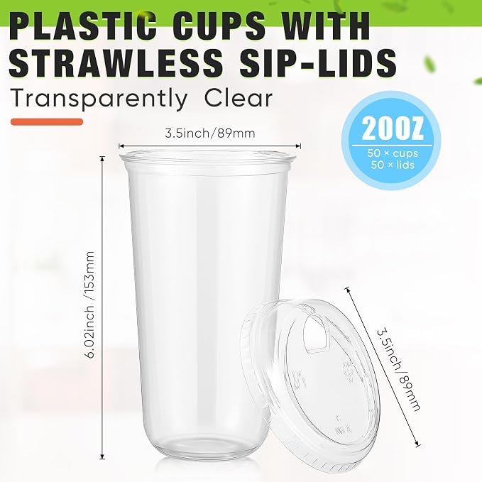 Ziliny 50 Sets Clear Plastic Coffee Cups with Sip Lids, Disposable Plastic PET Crystal Cups for Iced Coffee, Smoothie, Cold Beverage, Drink Shops and Party Catering(Clear,20 oz)