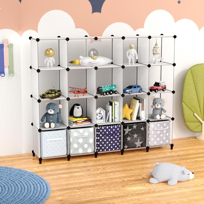 HOMIDEC 20-Cube Transparent Cube Storage Organizer, Modular Storage Shelf with Hammer, Cube Storage Bin Cabinet Closet Bookshelf for Living Room, Bedroom, Office, Each Cube Size 11.8 x 11.8 inch