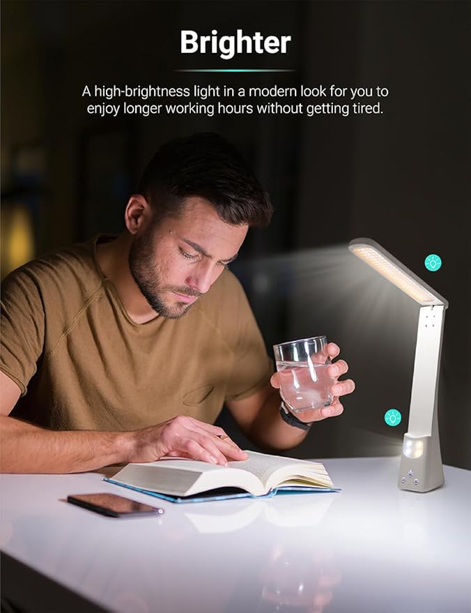 LED Desk Lamp with Night Light Foldable Portable High Brightness Eye Care Lamp. Touch Control, Rechargeable, for Home Reading Light, Office and Dormitory (White 2.0)