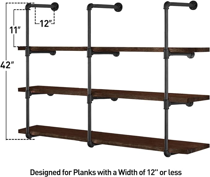 HITOMEN Industrial Iron Pipe Shelves, 3 Set 4-Tier, 42" Tall, 12" Depth, DIY Open Bookshelf Bookcase, Wall Mounted Vintage Retro Shelving, Rustic Farmhouse Pantry Kitchen Storage, Black Shelf Brackets