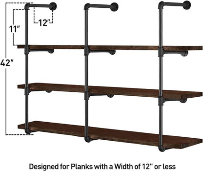 HITOMEN Industrial Iron Pipe Shelves, 3 Set 4-Tier, 42" Tall, 12" Depth, DIY Open Bookshelf Bookcase, Wall Mounted Vintage Retro Shelving, Rustic Farmhouse Pantry Kitchen Storage, Black Shelf Brackets