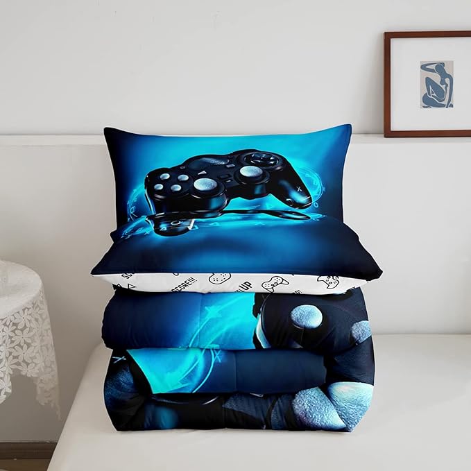 Feelyou Queen Size Gaming Comforter Set for Boys Gamer Bedding Set for Teens Kids Gamer Room Decor Blue Video Games Comforter Duvet Set Gamepad Quilted All Season 1 Comforter with 2 Pillow Cases