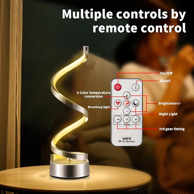 ELINKUME Spiral LED Table Lamp with Remote Control, Three Color Dimmable Bedside Lamp with Timer, 2 Lighting Modes, Modern Minimalist Design Desk Lamp,Suitable for Living Room,Bedroom and Desk(Silver)