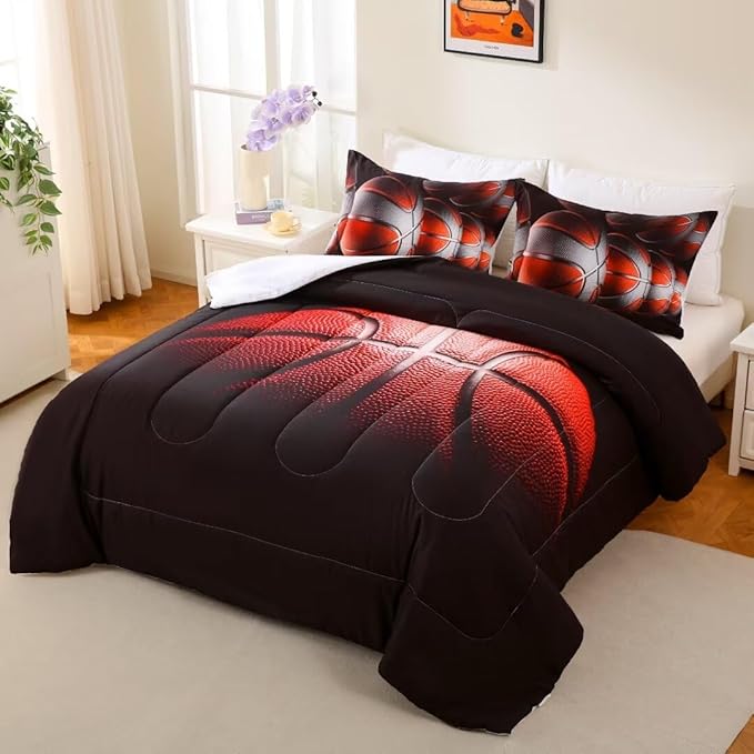 Teens Boys Sports Comforter Set Queen,Basketball Bedding Set for Kids,Sports Orange Basketball Comforter Sets,Black Teenage Boy Bedroom Bed Set 3 Pieces with Pillowcases