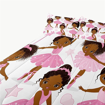 Twin Bedding Sets for Girls, African American Magic Comforter Set with Ballet Dancer, Pink Bed Set for Toddler Kids Teens, Little Girls Bedroom Decor