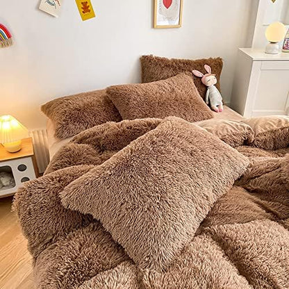 Faux Fur Kids Girls Coffee Comforter Sets Queen - 3PC Bed Set Warm Comfortable Soft Plush Flannel Velvet Fluffy Fuzzy Bedding（Comforter x 1 Pillowcases x 2）