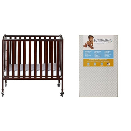 3-in-1 Folding Portable Crib with Dream On Me 3 Portable Crib Mattress, White