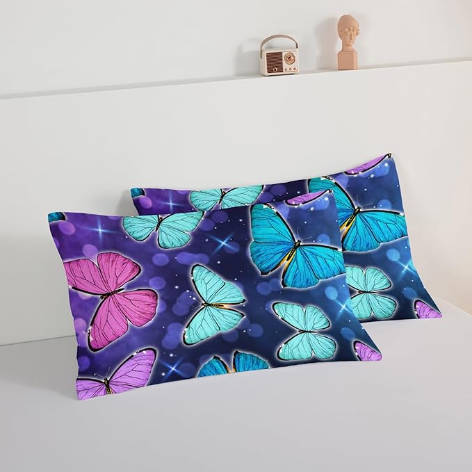 HOSIMA Butterfly Comforter Set with 2 Pillowcases,Glitter Purple Blue Butterfly Printed Bedding King Size Comforter Set for Adults Kids,Starry Sky Galaxy Comforter Butterfly Room Decor Aesthetics.
