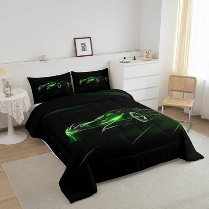 Feelyou Green Race Car Bedding Set Full Size for Kids Boys Extreme Sport Games Comforter Set Teens Toddler Fast and Furious Duvet Set Cool Modern Quilt Set 3Pcs