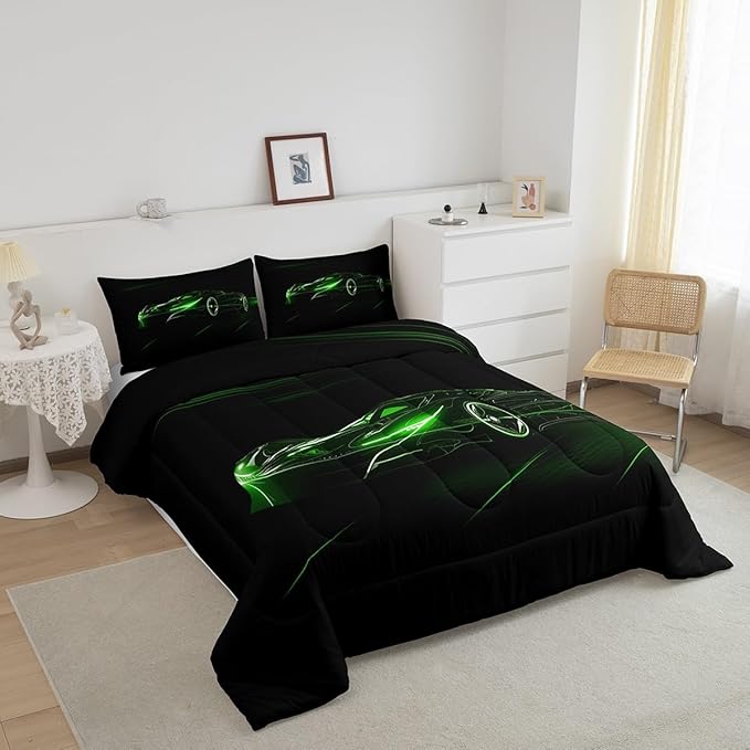 Feelyou Green Race Car Bedding Set Twin Size for Kids Boys Extreme Sport Games Comforter Set Teens Toddler Fast and Furious Duvet Set Cool Modern Quilt Set 2Pcs