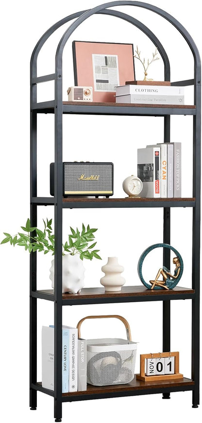 BRIAN & DANY Bookshelf, 4 Tier Tall Black Bookcase Metal Book Shelf, Larger Compartments Arched Display Shelves Open Storage Rack Shelving for Home Office, Bedroom, Living Room, Study, Antique