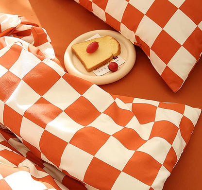 Orange White Grid Comforter Set Cal King Burnt Orange Plaid Bedding Set Women Reddish and White Checkered Bed Comforter Set Breathable Blanket Set Men Durable Bedding Comforter Set