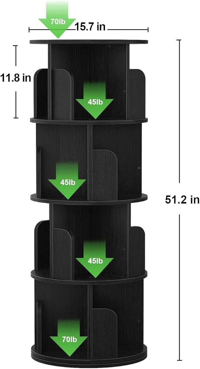 Aheaplus Rotating Bookshelf, 360 Display Corner Bookshelf for Small Space, 4 Tier Floor Standing Bookcase Storage Rack, Wood Narrow Organizer for Bedroom, Living Room, Study Room, Black