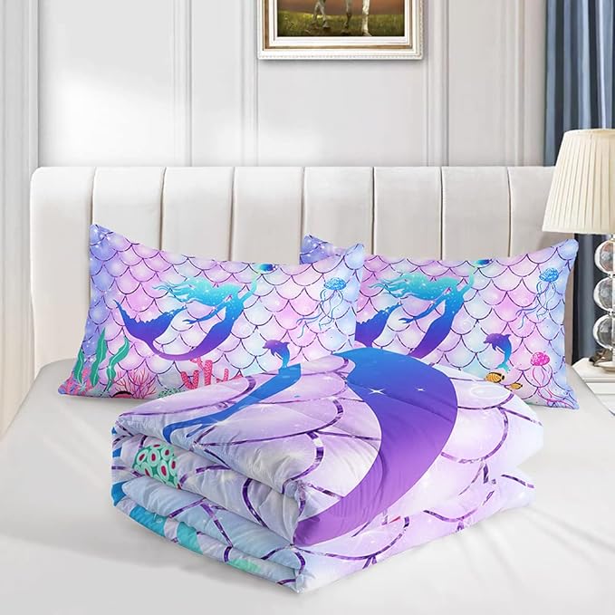 CVHOUSE Mermaid Comforter Set,Rainbow Mermaid Bedding Set for Girls Kids Teens,Rainbow Mermaid Comforter Mermaid Duvet Set Room Decor Quilt Set Full Size