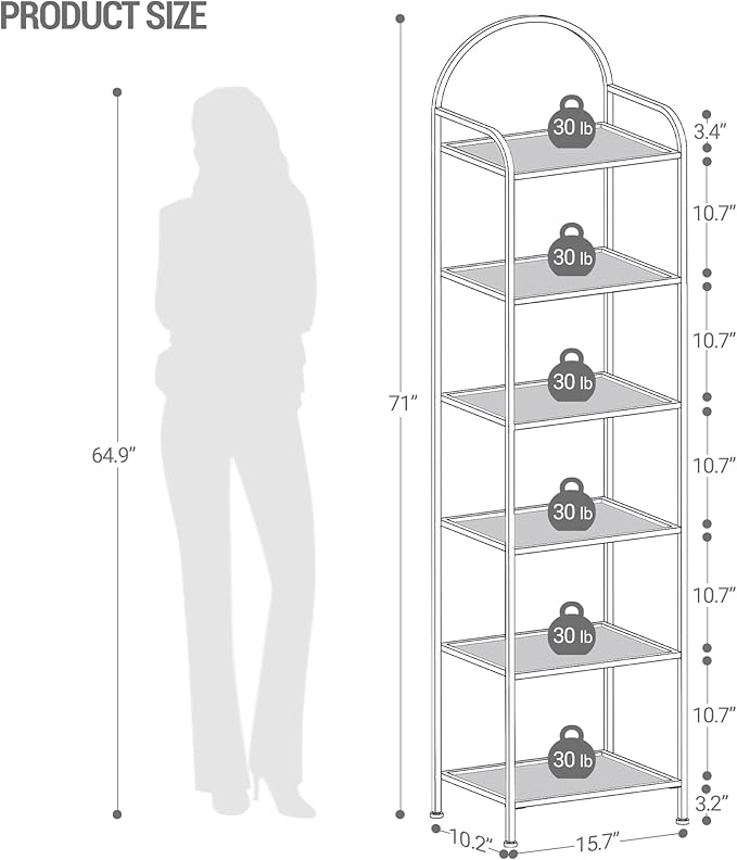 Bookcase Bookshelf, Tempered Glass Bookshelves, Slim Shelving Unit for Bedroom, Bathroom, Home Office, Steel Frame, 6 Tier Black BC10601B