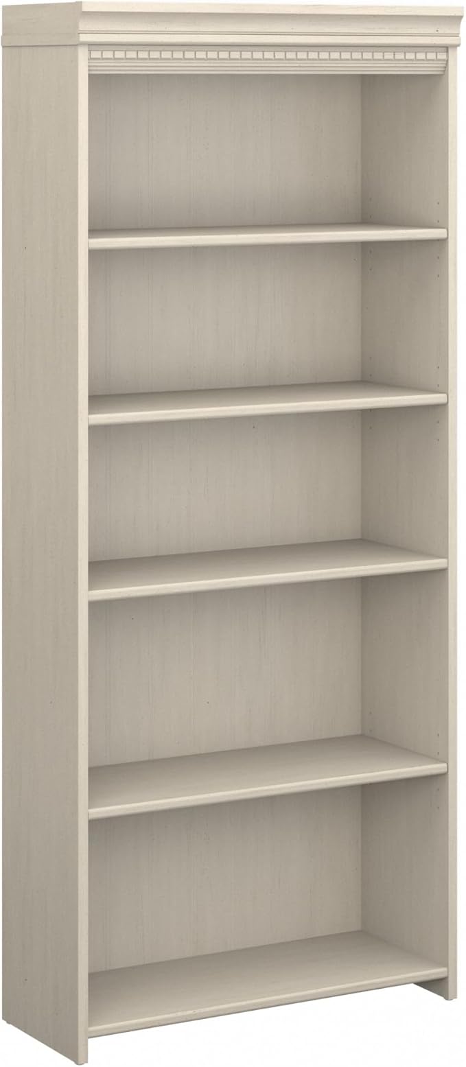 Bush Furniture 5 Shelf Bookcase with 3 Adjustable Storage Shelves | Fairview Collection Tall Bookshelf for Office or Home, 30W x 12D x 69H, Antique White