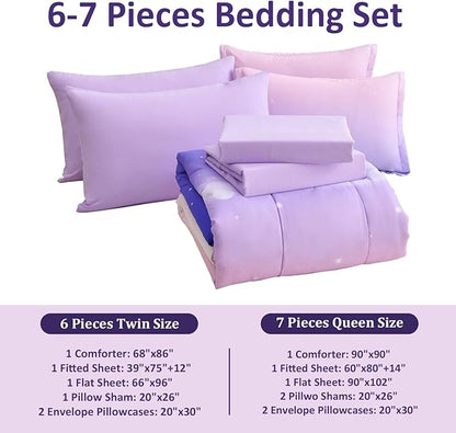Dinjoy Girls Comforter Set King Size Rainbow Ombre Purple Lavender Pink Bedding Set Gradient 6 Pieces Bed in A Bag for Kids Teen Girl Women(1 Comforter, 1 Flat Sheet, 1 Fitted Sheet)