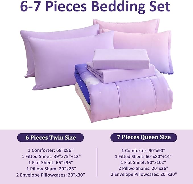 Dinjoy Girls Comforter Set Twin XL Size Rainbow Ombre Purple Lavender Pink Bedding Set Gradient 6 Pieces Bed in A Bag for Kids Teen Girl Women(1 Comforter, 1 Flat Sheet, 1 Fitted Sheet)