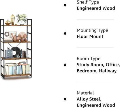 NUMENN 4 Tier Bookshelf, Tall Bookcase Shelf Storage Organizer, Modern Book Shelf for Bedroom, Living Room and Home Office, Vintage