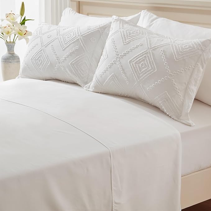 EMME King Comforter Set - 7 Pcs White Boho Comforter Set, Tufted King Size Bedding Sets with Sheets, Shabby Chic Embroidery Bed Set Fluffy Bed Bag for All Season(102"X90")