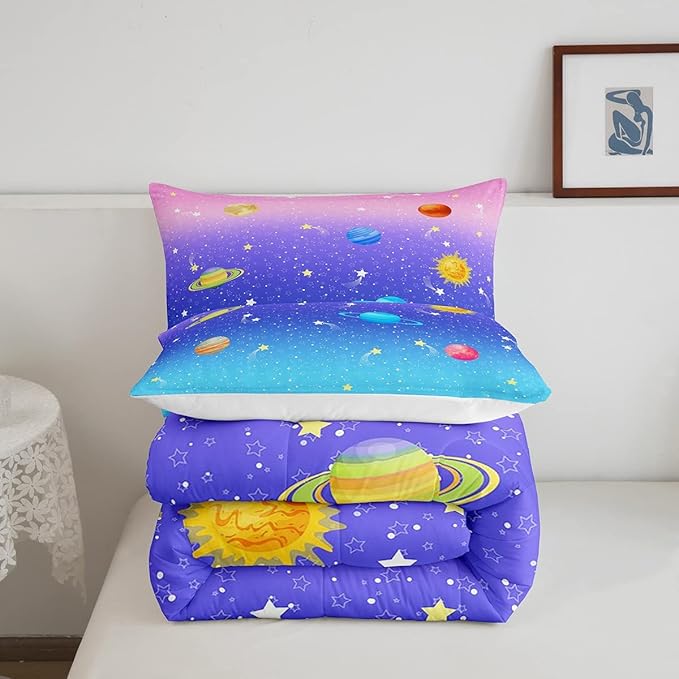 Erosebridal Cute Galaxy Comforter Set Queen for Boys Girls Kids Stars Planet Space Bedding Set Kawaii Rainbow Pastel Bedding Comforter Sets Pink Blue Purple Ombre Cartoon Quilt Duvet 2 Pillow Cases