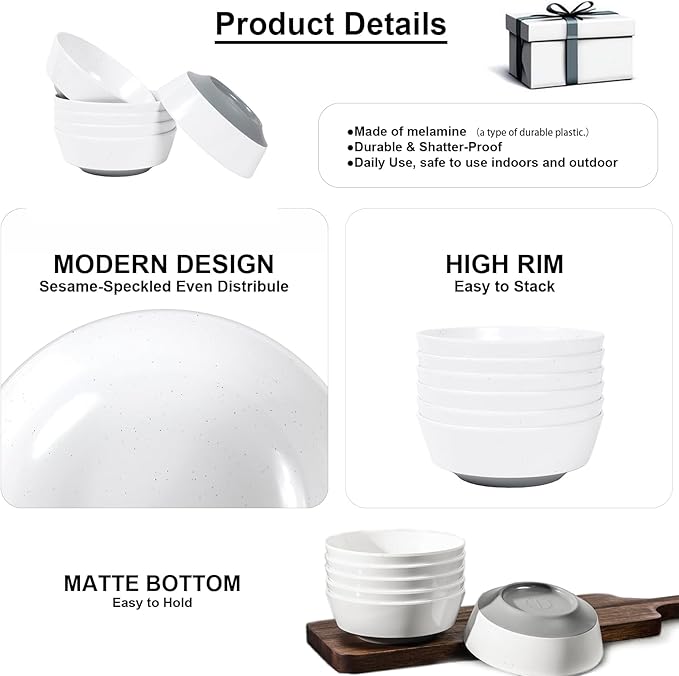 Webbylee 6-inch Melamine Bowls set of 6-20-ounce Dinnerware Cereal Bowls for Soup, Salad & Dessert | Dishwasher Safe & Space Saving(White/Grey)