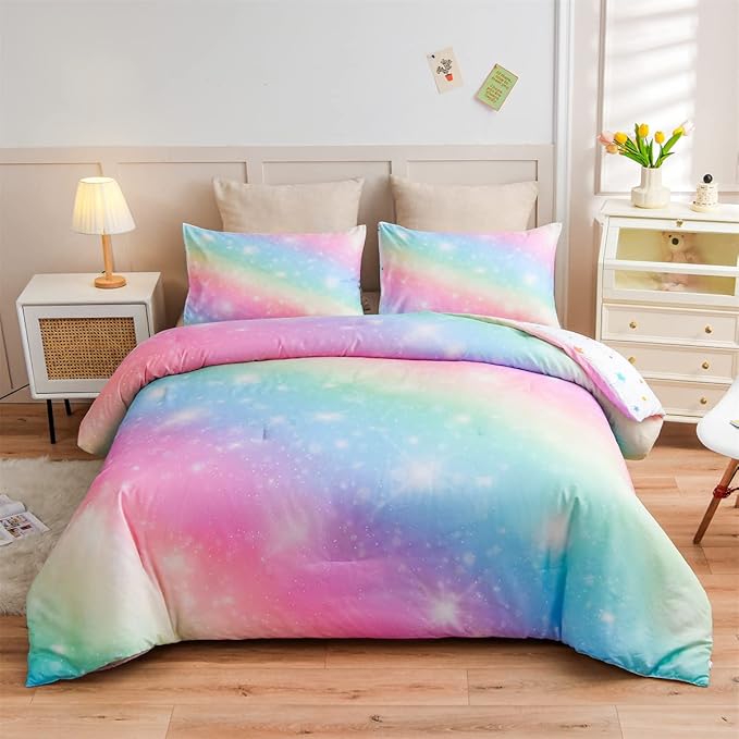 Holawakaka Girls Ombre Glitter Comforter Set, Full Size Gradient Rainbow Galaxy Print Kids Bedding Sets, Multi-color Ultra-soft Dorm Bed Set (Pink Green, Full)