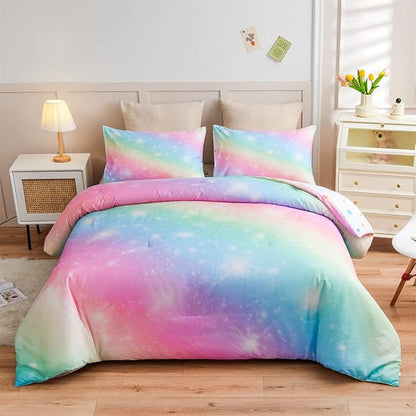 Holawakaka Girls Ombre Glitter Comforter Set, Twin Size Gradient Rainbow Galaxy Print Kids Bedding Sets, Multi-color Ultra-soft Dorm Bed Set (Pink Green, Twin)